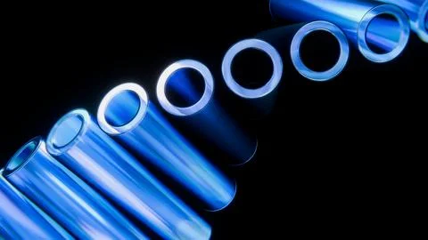 Blue Glass Cylinders Diagonal Array Iridescent Black Background 3D Render Stock Illustration