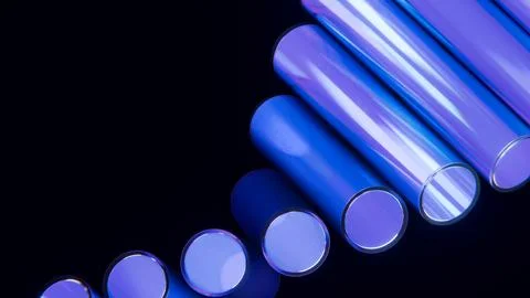 Blue Glass Cylinders Diagonal Array Iridescent Black Background 3D Render Stock Illustration