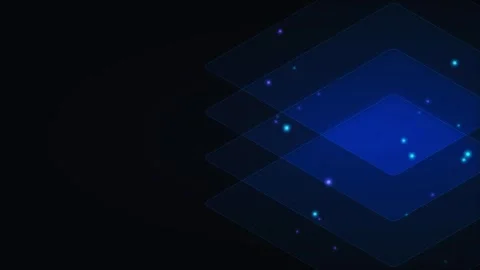 Blue Glass Layers, Floating Glowing Particles, Transparent Isometric Plates Stock Footage 345590891