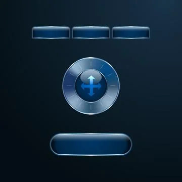 Blue glass user interface buttons with chrome metallic frames. Stock Illustration