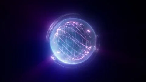 Blue glassy orb with purple orbit lines and soft neon glow, abstract digita.. Stock Illustration