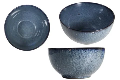 Blue Glazed Ceramic Bowl Set Showing Top, Side and Profile Views on White Backgr Stock Photos