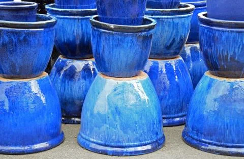 Blue glazed ceramic pots Stock Photos