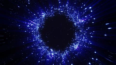 Blue glinting, Luminous particles forming a glowing ring with light rays. Stock Footage 278359371
