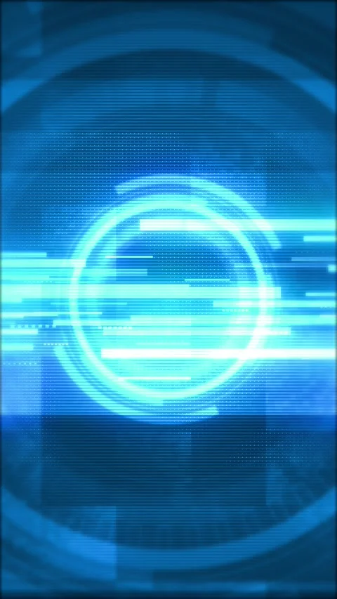 Blue glitch HUD interface bright circular scanner, horizontal data bars, pixel n Stock Footage 340528033
