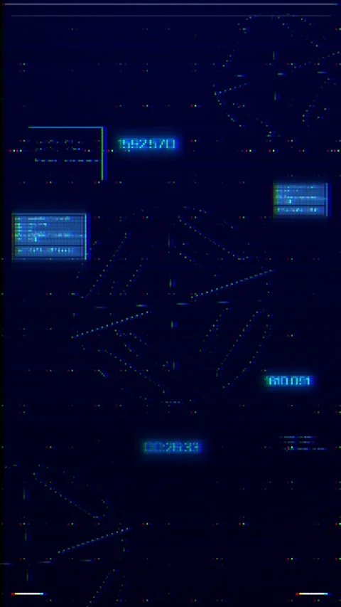 Blue glitch screen interface background with pixel noise, floating panels, and d Stock Footage 340552412
