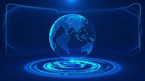 Blue global data hologram visual floating earth sphere, luminous circular platfo 库存影片 340525468