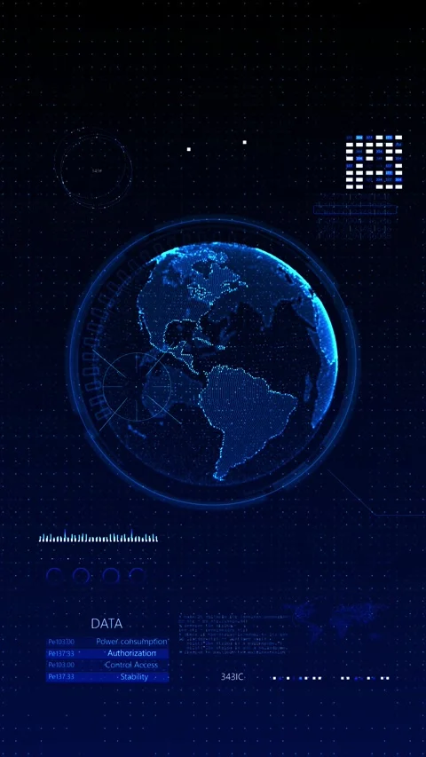 Blue global data HUD digital earth, map panels, charts, code, and futuristic das Stock Footage 340572048