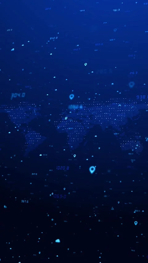 Blue global data map background dotted world continents, location markers, float Stock Footage 340576191