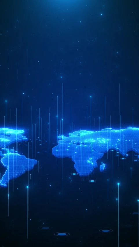 Blue global data map with bright continental outlines, grid texture, falling Stock Footage 334124432
