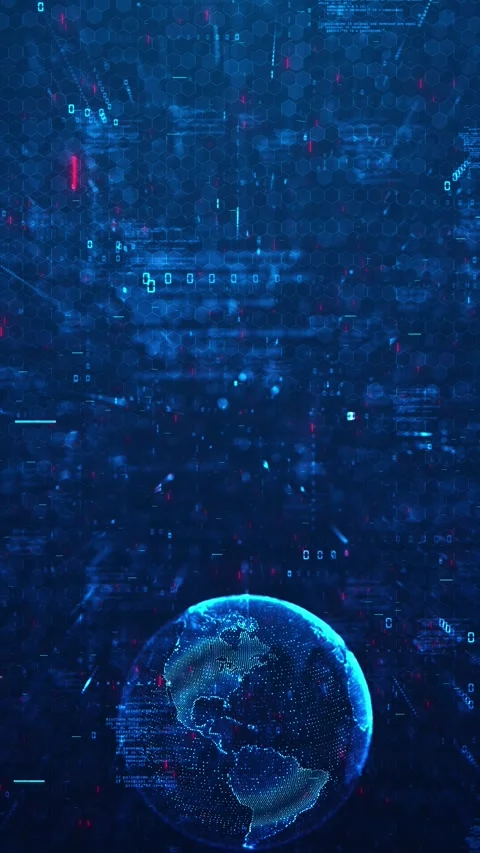 Blue global data network globe hexagon patterns, floating code marks, and digita Stock Footage 340548990