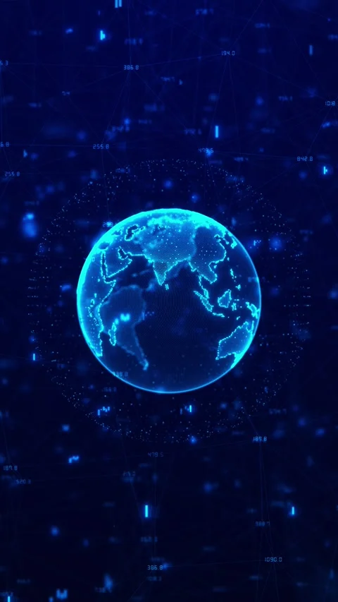 Blue global data network glowing earth sphere, financial chart marks, floating n Stock Footage 340527258