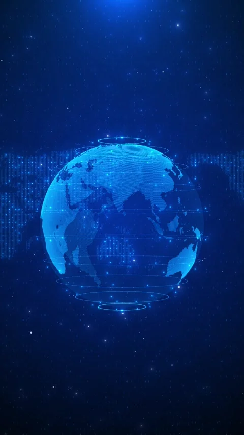 Blue global data sphere background world map dots, orbit circles, futuristic net Stock Footage 340418037