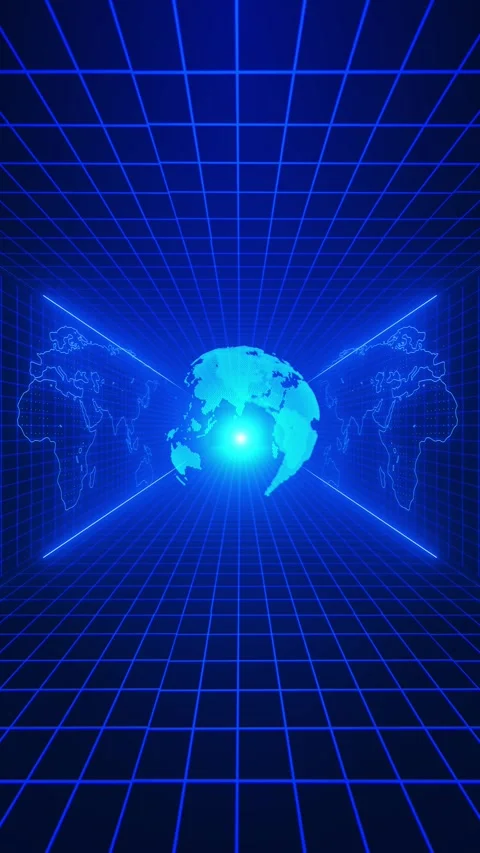Blue global grid room background glowing world maps, central digital globe, tunn Stock Footage 340557197