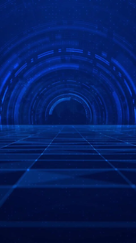 Blue global grid tunnel background dotted world map silhouettes, glowing horizon Stock Footage 340576569