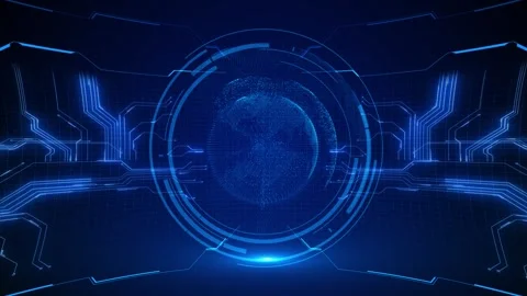 Blue global HUD interface digital globe, circular tech rings, circuit lines Stock Footage 333862885