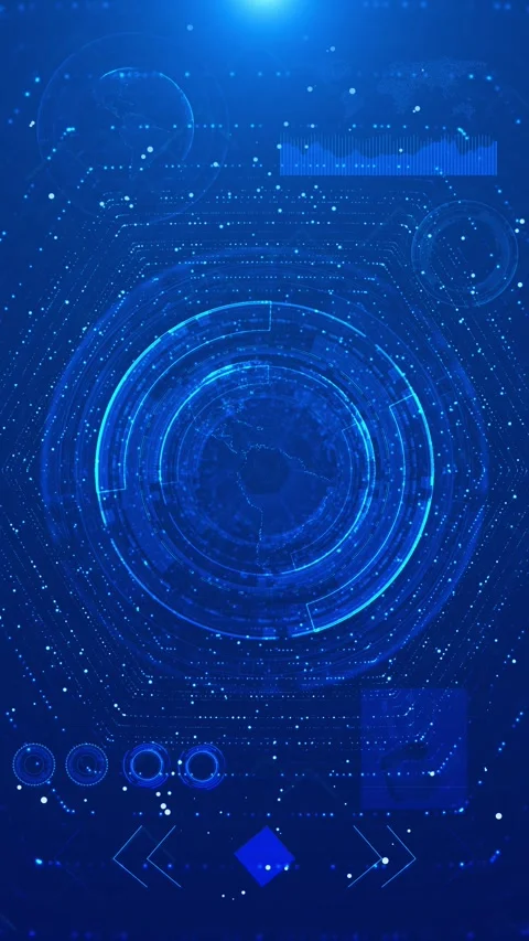 Blue global HUD interface digital globe, circular data rings, charts, maps, and Stock Footage 340479210
