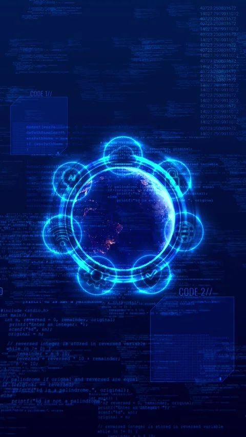 Blue global HUD technology glowing earth, circular interface icons, code layers, Stock Footage 340479449