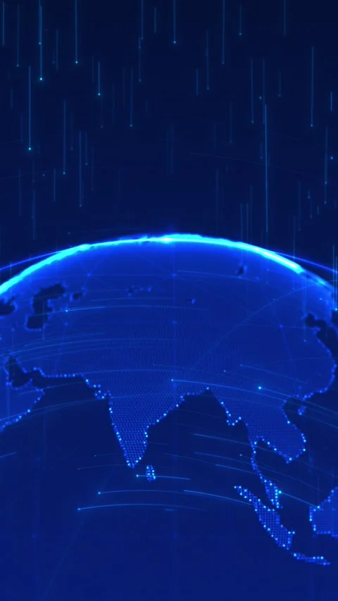 Blue global network earth glowing Asia map, curved planet horizon, data rain, an Stock Footage 340528334