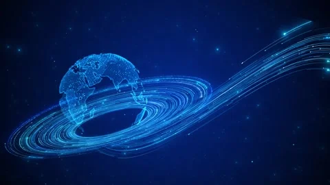 Blue global orbit background glowing earth map, sweeping light trails, star part Stock Footage 340470646
