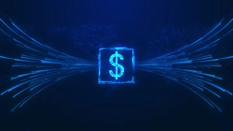 Blue global payment data visual dollar icon, fast financial light streams, dotte Stock Footage 340569871