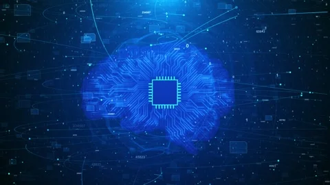 Blue global processor network background with glowing chip, circuit brain, data Stock Footage 340084423