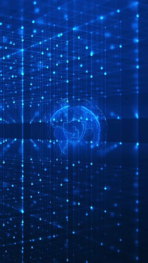 Blue global security grid background with glowing globe, lock icons, and encrypt Stock Footage 340550346