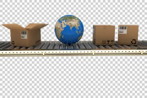Blue globe and boxes on 3D conveyor belt Stock Photos