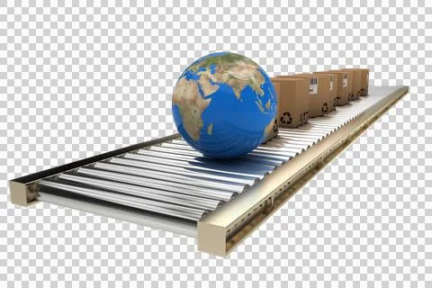 Blue globe and brown boxes on conveyor belt イラスト素材