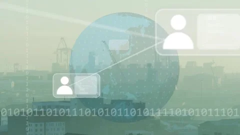 Blue globe appearing over harbor, user boxes linking, grid turning, binary Stock Footage 333735345
