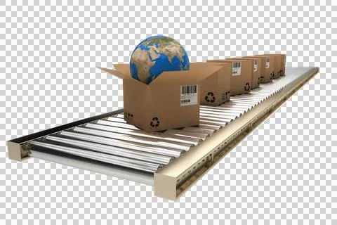 Blue globe in box on 3D conveyor belt Stock Photos