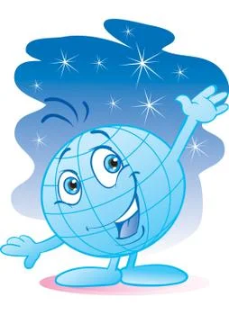 Blue globe character welcomes with a wave of his hand, vector illustration, Stock Illustration
