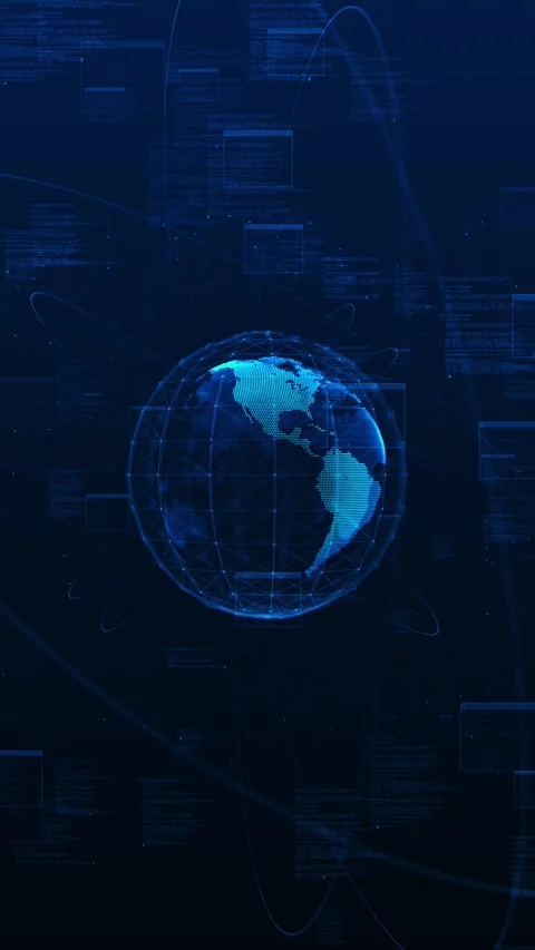 Blue globe code network background with orbit lines, floating panels, and digita Stock Footage 340551915