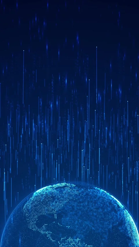 Blue globe data rain background with dotted earth surface, falling digital strea Stock Footage 340552583