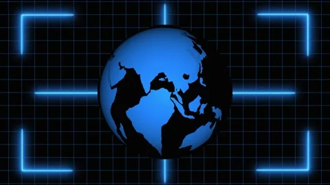 Blue Globe Icon with Neon Grid and Framing Elements on Dark animated Backgr.. Stock Footage 321626330