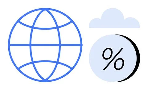 Blue globe with intersecting lines, gray cloud, and a circle with a percentag Stock Illustration