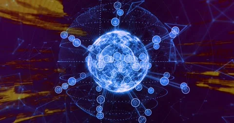 Blue globe pulsing in purple data field, shell showing, spawning nodes by radial 스톡 동영상 331169164