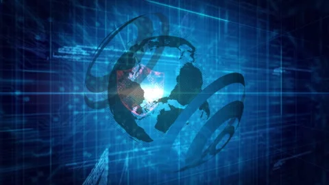 Blue globe rotating in technology network, emerging rings peeling into circuit Stock Footage 310972224