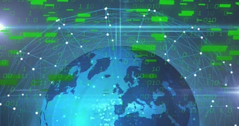 Blue globe staying centered while green bars appearing streaming binary bits Stock Footage 328485985