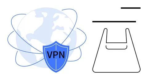 Blue Globe with VPN Shield and Black Line Bag Icon Representing Global Secu.. Stock Illustration
