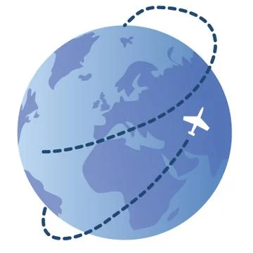 Blue globe on a white background, a plane flies around it and leaves a dashed Illustrazione stock