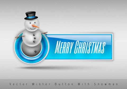 Blue glossy button with cute snowman. Winter vector design elements. Illustrazione stock