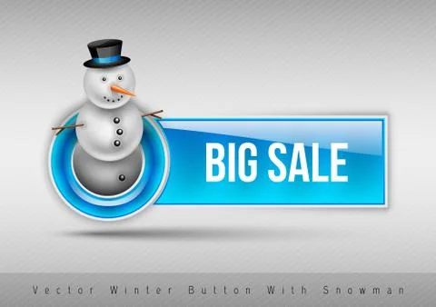 Blue glossy button with cute snowman. Winter vector design elements. Stock Illustration