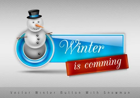 Blue glossy button with cute snowman. Winter vector design elements. Stock Illustration