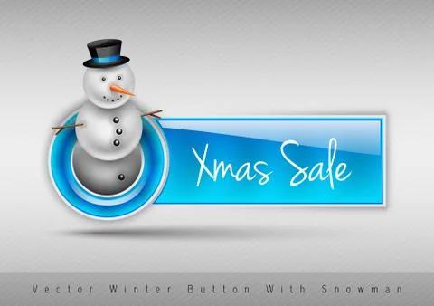 Blue glossy button with cute snowman. Winter vector design elements. Illustrazione stock