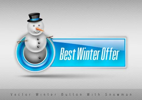 Blue glossy button with cute snowman. Winter vector design elements. Stock Illustration