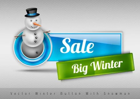 Blue glossy button with cute snowman. Winter vector design elements. Illustrazione stock
