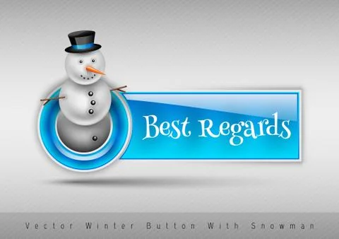 Blue glossy button with cute snowman. Winter vector design elements. Illustrazione stock