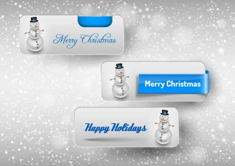Blue glossy button with cute snowman. Winter vector design elements. Illustrazione stock