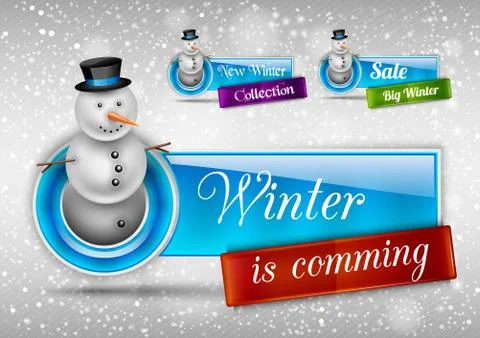Blue glossy button with cute snowman. Winter vector design elements. Stock Illustration